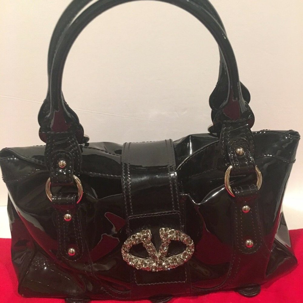 Valentino GARAVANI Black patent leather crystal Brooch Catch Satchel bag